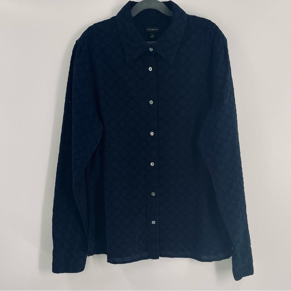 Talbots Navy Eyelet Button Front 100% Cotton Layering Summer Office Blouse Top
